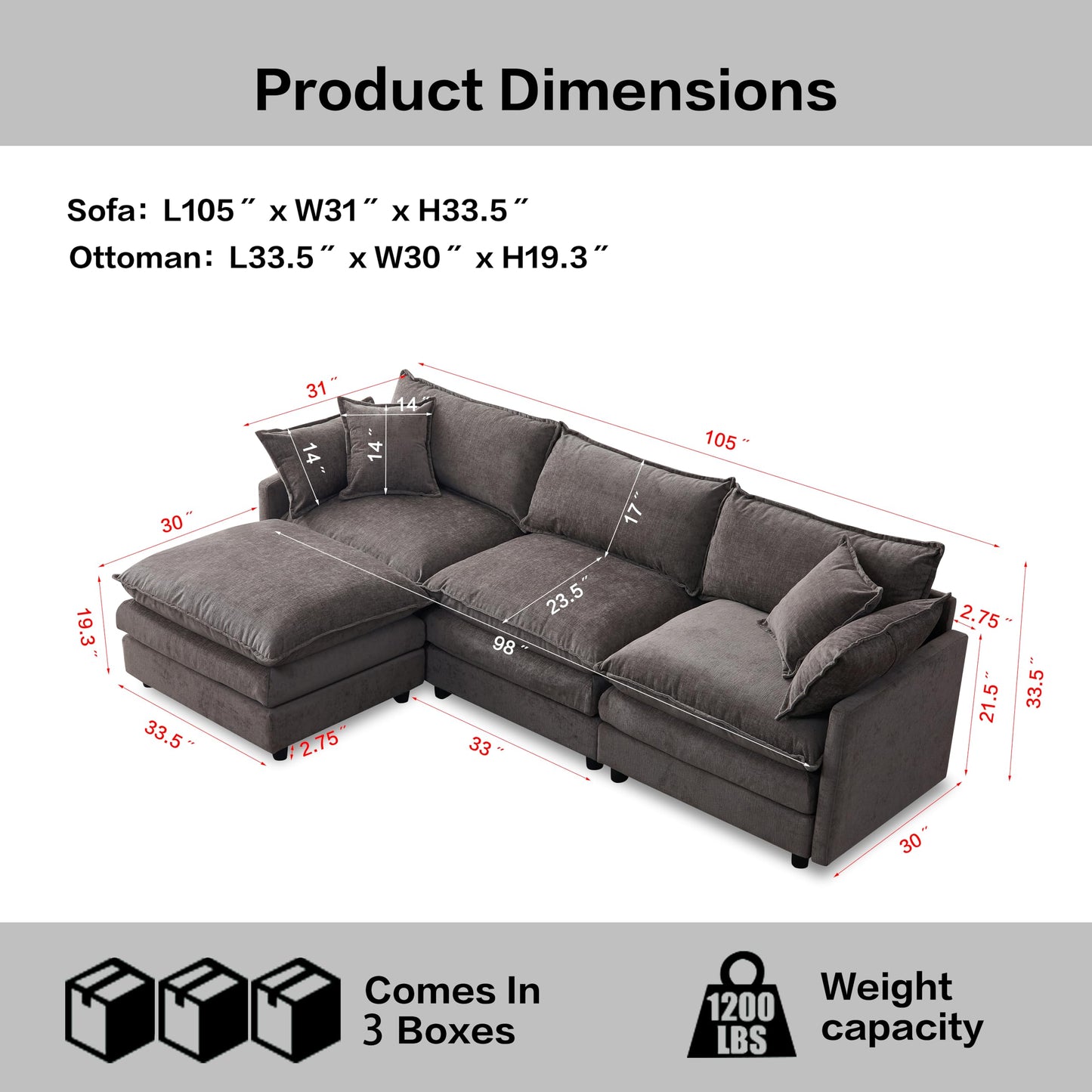 KEIKI 3 Seater Chenille Modular Sectional Couch Sofa with Ottoman, Double-Layer Seat Cushions & Back Cushions, Modern L-Shape Upholstered Cloud Soft Sofa Couches Chaise Lounge for Living Room
