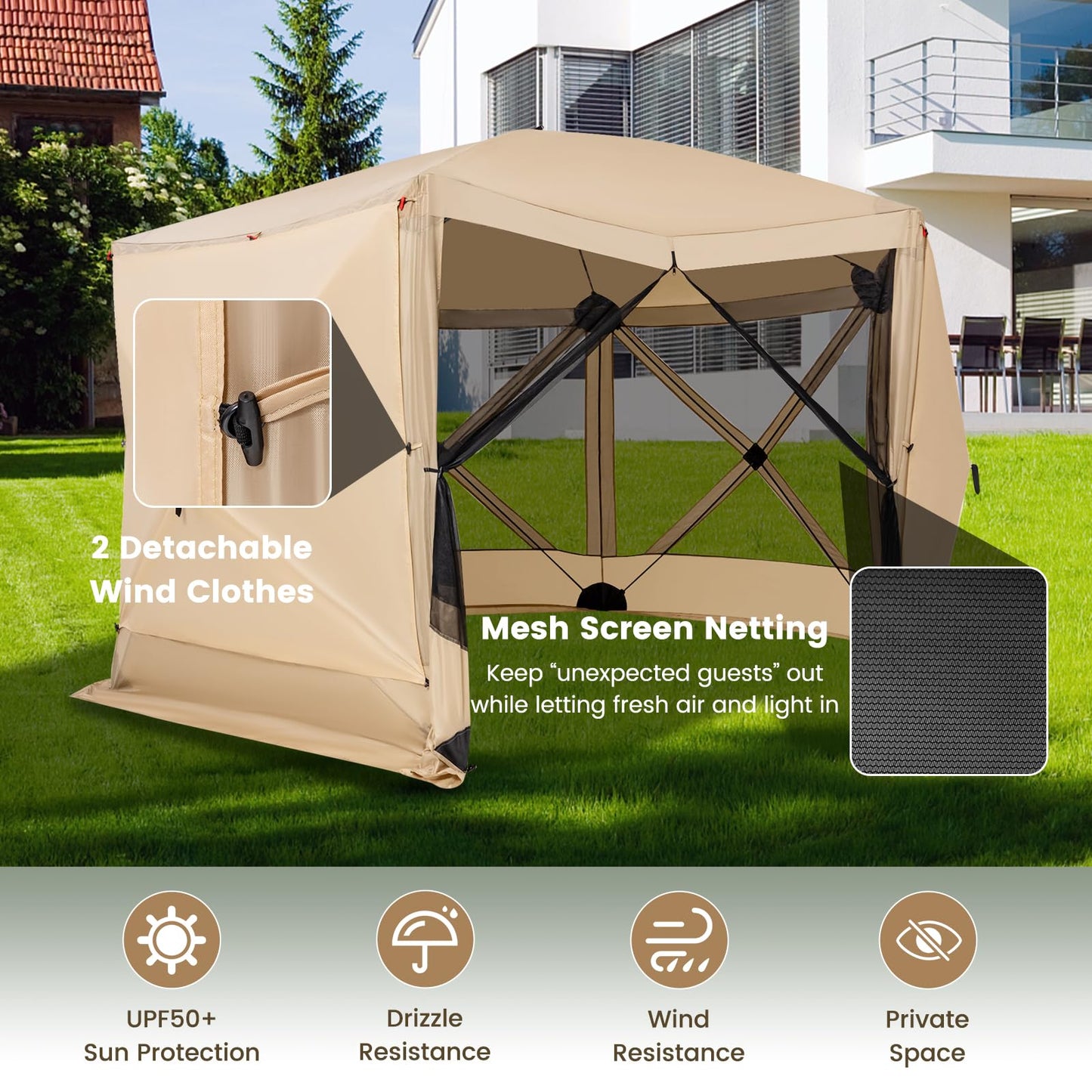Tangkula 11.5x11.5 Ft Pop Up Gazebo with Netting, Portable Screen Tent with 6 Sided Mesh Walls, 2 Sunshade Cloths, Outdoor Instant Canopy Shelter with Carry Bag for Camping, Lawn, Backyard
