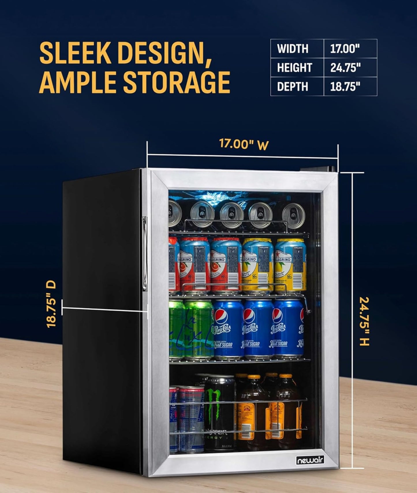 NewAir 90 Can Beverage Refrigerator | 17” Freestanding Small Mini Fridge for Bedroom, Home Bar or Office | Quiet Compressor Cooling & Adjustable Shelves | Stainless Steel