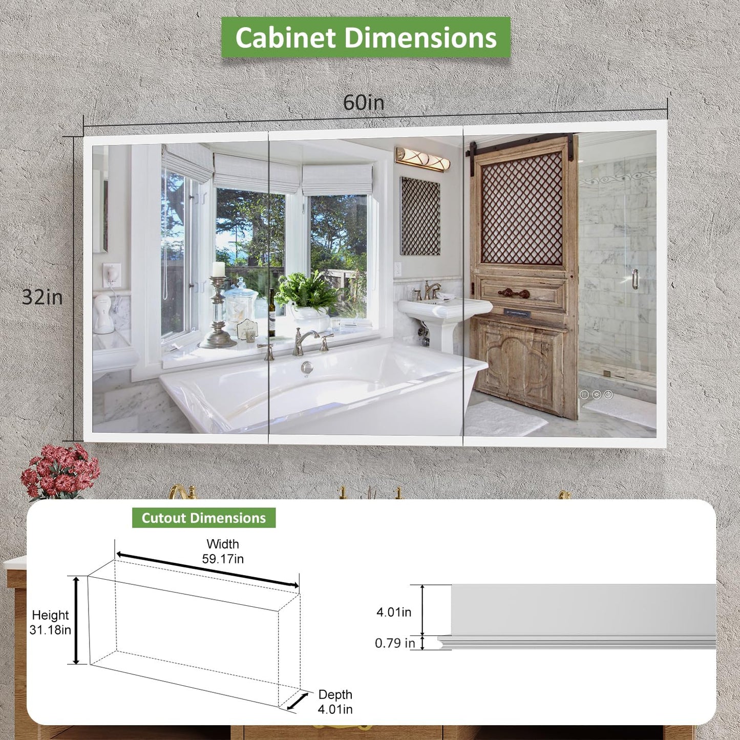 GUIQIYANG Medicine Cabinet with Lights, Bathroom LED Mirror Cabinet with Storage, Anti-Fog & 3 Color Lights, Recessed or Wall Mounted (60X32 in)