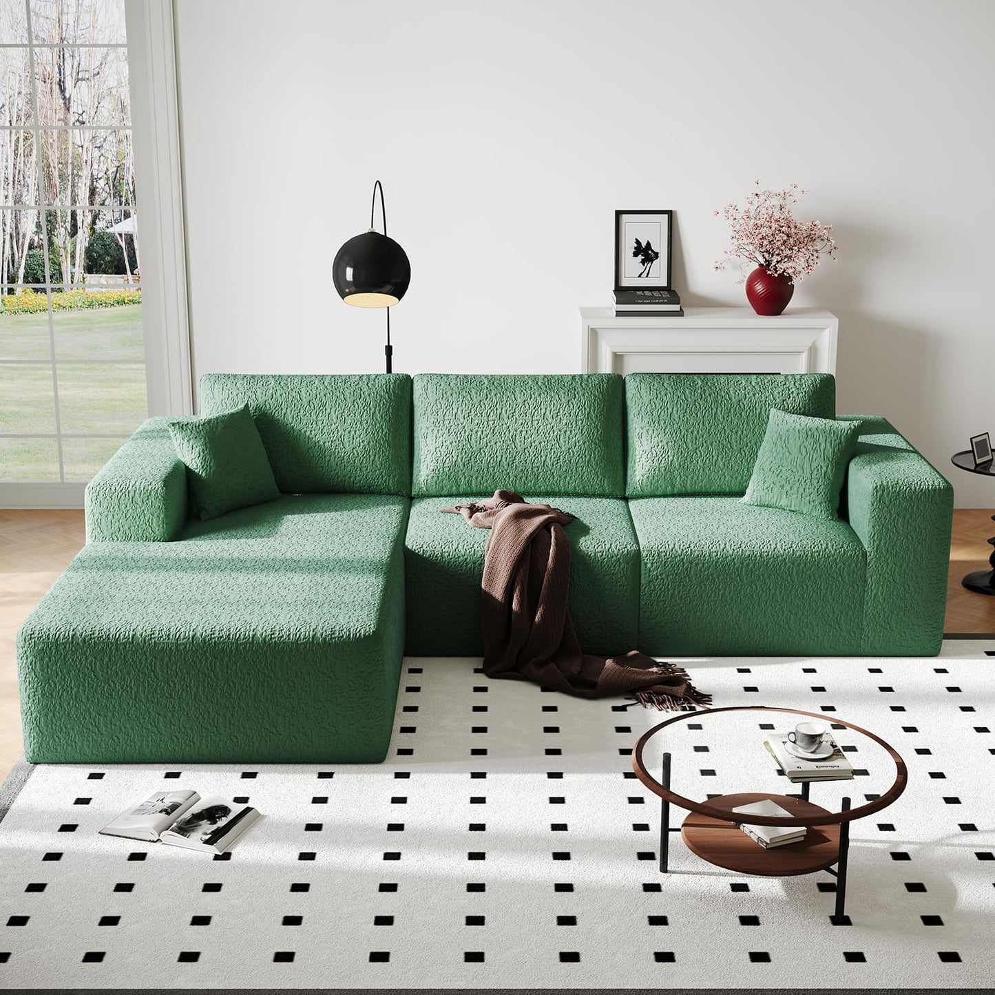 108" Cloud Modular Sectional Couch with L-Shape Chaise, Modern Sectional Sofa with Deep Seat Couch, Ultra Soft Knit Fabric Couches for Living Room, No Assembly Required, Left Facing Chaise (Green)