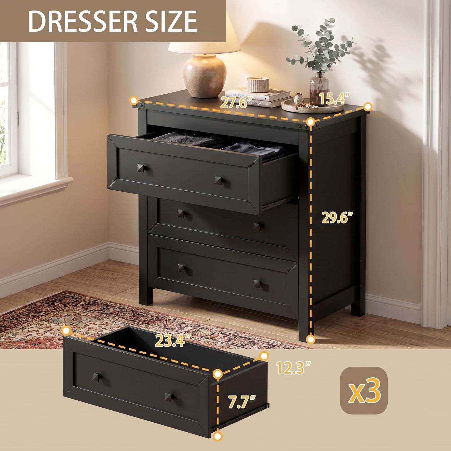BORNOON 3-Drawer Night Stand Set of 2, Modern Bedside Table Dresser with Metal Handles, Sturdy Wooden End Side Table Storage Cabinet with Anti-Tipping Design for Bedroom