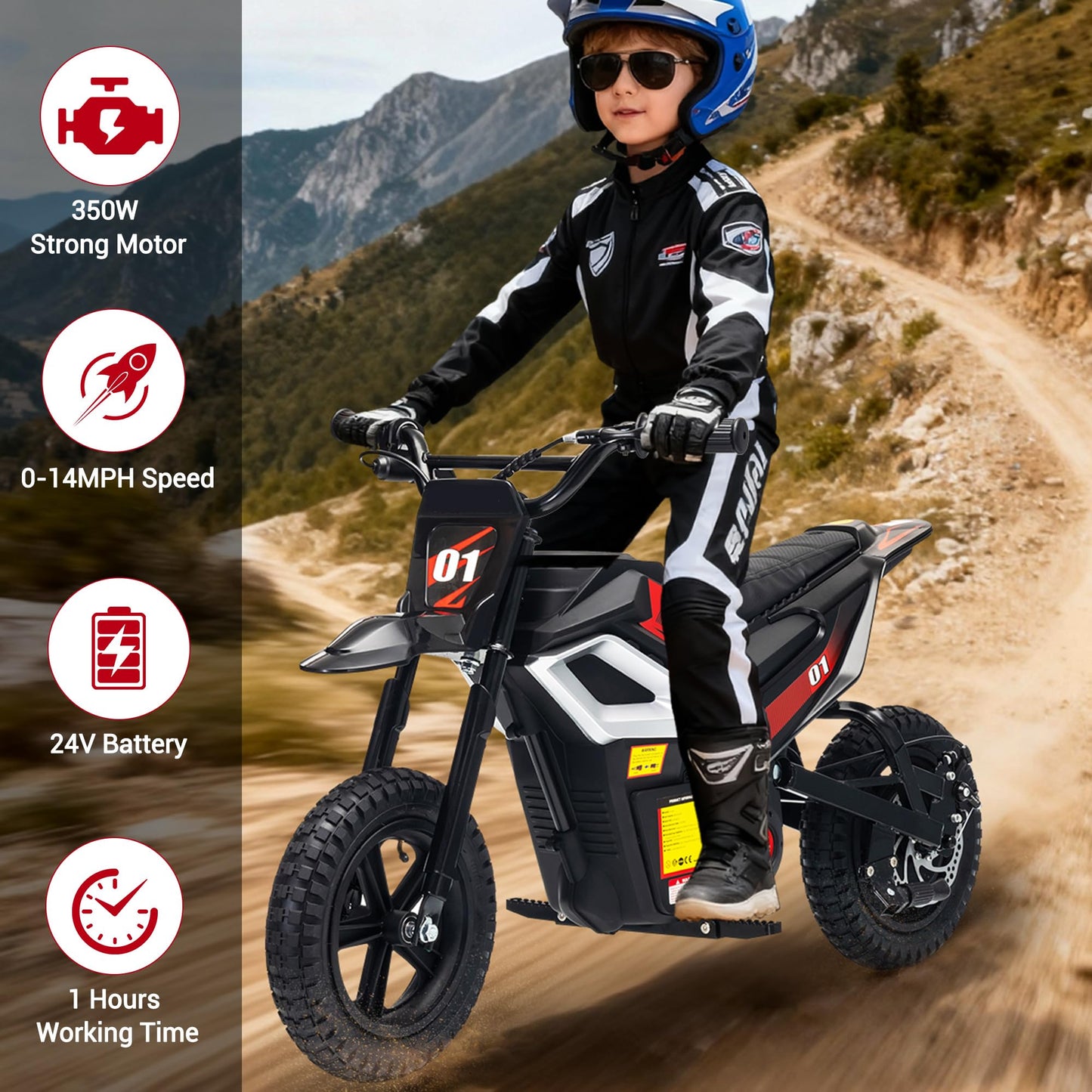 Electric Dirt Bike for Kids 10-12 Years, 350W Motor 14MPH Off-Road Motorcycle, 24V 7AH Battery 12" Fat Tire Suspension, 130lbs Max Load Mini Dirtbike for Teens Boys Girls