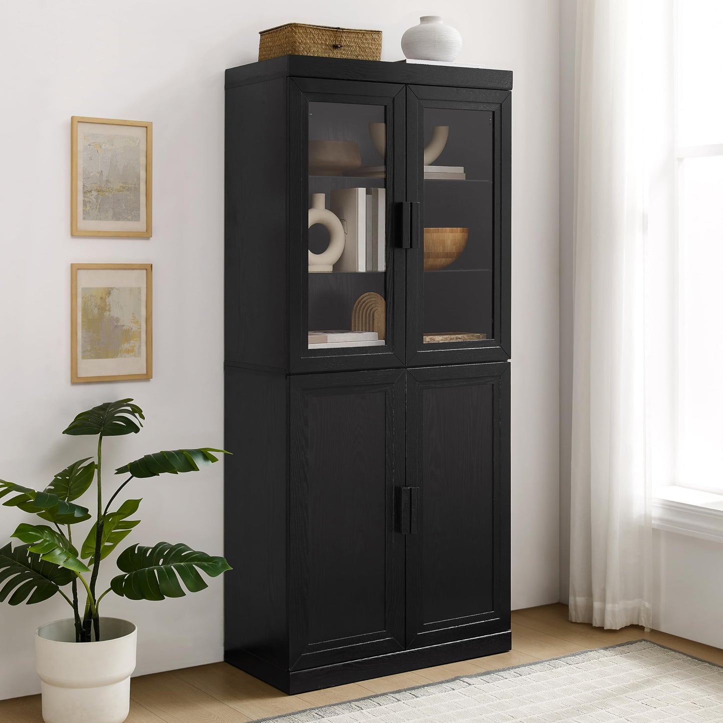 Crosley Furniture Essen Glass Door China Hutch Kitchen Pantry Storage Cabinet with Doors and Shelves, Black