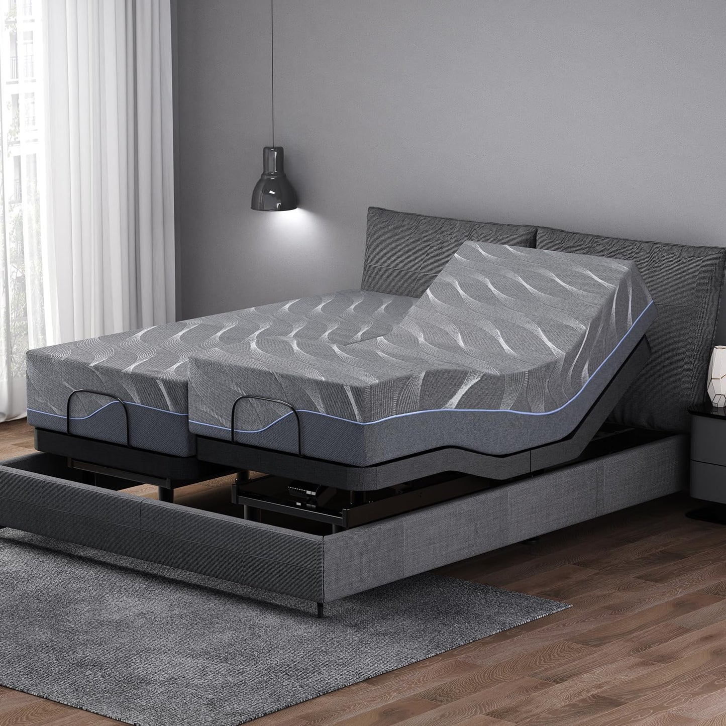 Vipbear Split King Adjustable Bed Frame, 12 Inch Grey Gel Memory Foam Medium-Firm Mattress in Box,Updated Adjustable Beds with Thickened Frame,Wireless Remote,0 Gravity/Anti-Snore