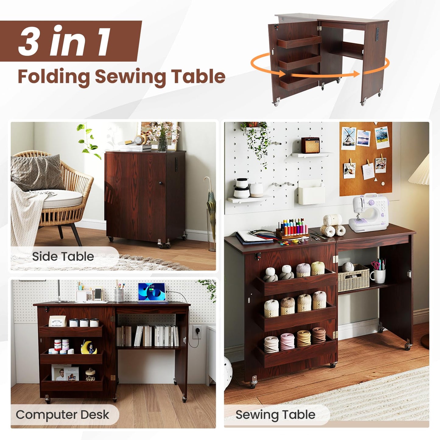 COSTWAY Folding Sewing Table with Portable Sewing Machine, 3 in 1 Drop Leaf Craft Table, Rolling Sewing Machine Desk with Charging Station, 3 Trays, Lower Shelf, 5 Universal Casters (Brown)