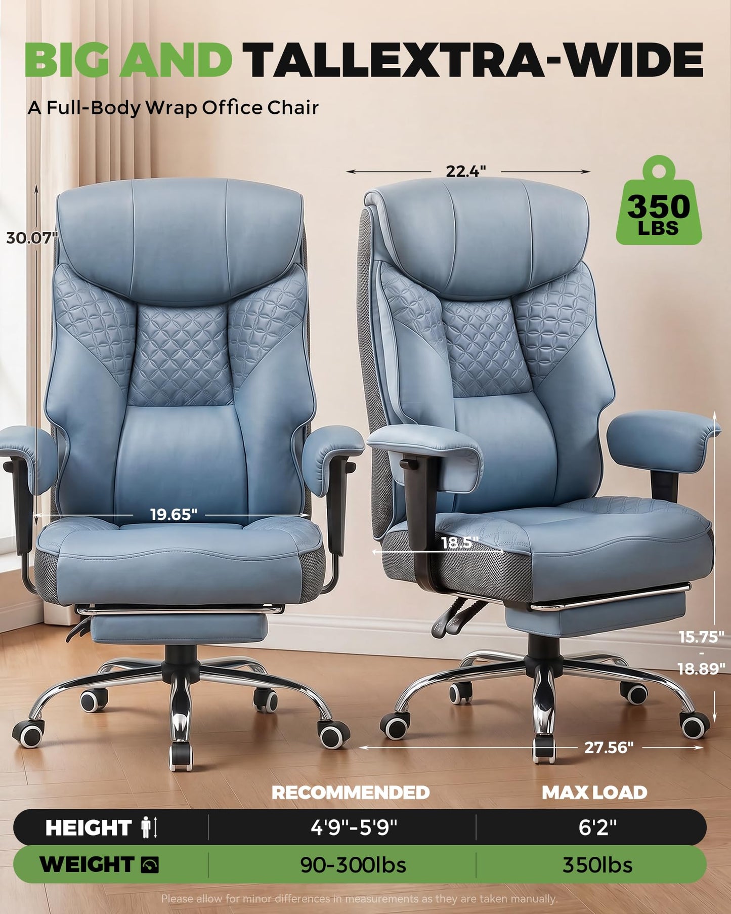 GTPLAYER Big and Tall Office Chair, High Back Computer Gaming Chair with Ergonomic Lumbar Support &Pocket Spring Cushion for Lower Back Pain Relief, Leather Executive Chair with Foot Rest, Blue