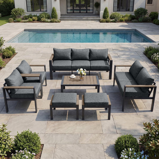 ADRERIC Patio Furniture Set 9 Seats and Coffee Table, 7 Pieces Patio Conversation Set with Thick Cushion, Ottomans, Deluxe Aluminum Modern Outside Sectional for Porch, Balcony, Deck, Yard, Light Gray