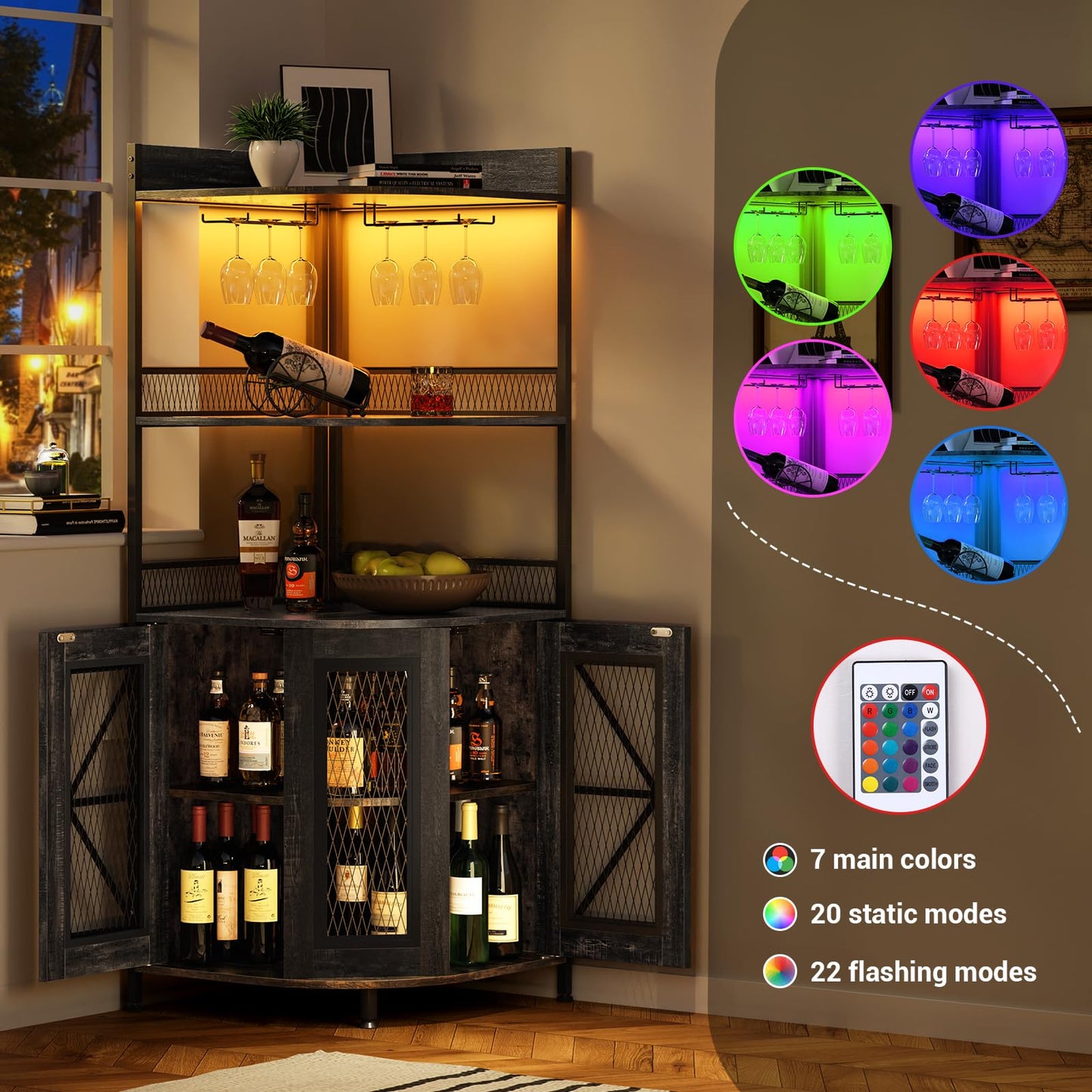 JoanKaren Corner Bar Cabinet with Power Outlet and LED Light, Coffee Bar Cabinet for Home Bar, Industrial Corner Shelf with Wine Storage, 5-Tiers Liquor Cabinet for Home, Living Room, Kitchen (Black)