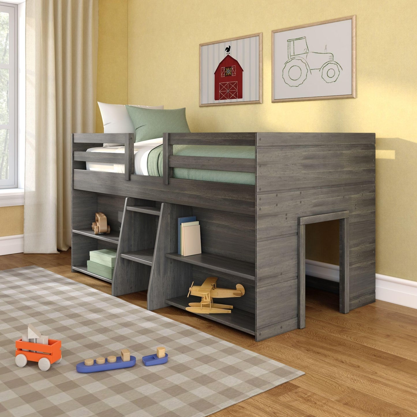 Max & Lily Modern Farmhouse Low Loft Bed, Twin Bed Frame for Kids with 2 Bookcases, Driftwood