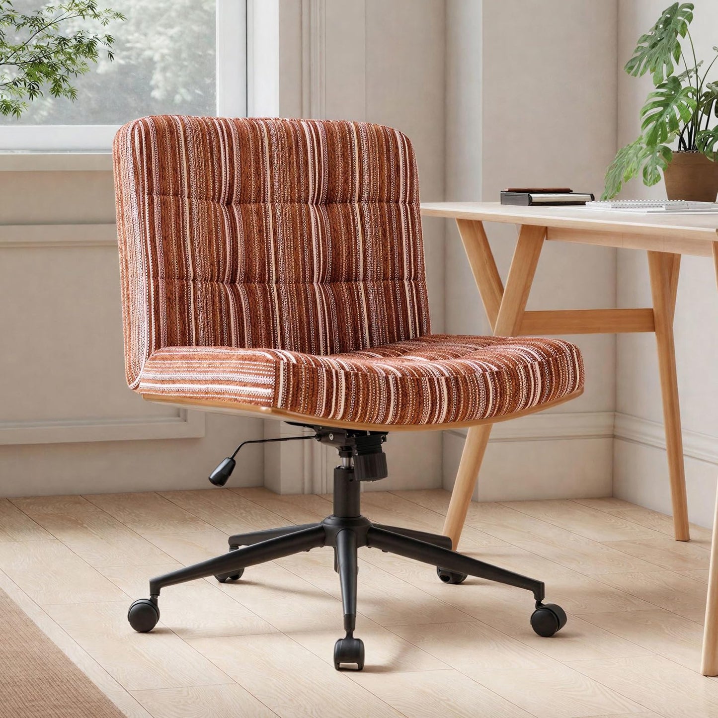 Furnimart Heavy-Duty Curved FSC Wood Desk Chair 360° Swivel, Premium Chenille Criss Cross Chair with Wheels Wide Seat, Comfy Armless Cross Legged Sitting for Bedroom, Office, Vanity(Dark Brown)