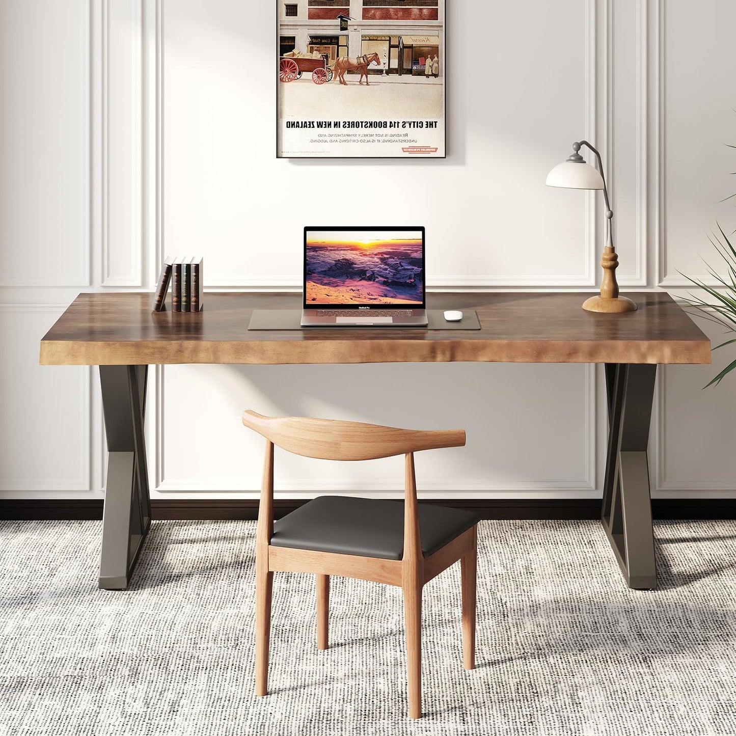 SXXjiaju Solid Wood Desk 55 inches, Home Office Computer Desk Wooden Rustic Writing Desk Metal Modern Simple Design Executive Real Wood Desk(Rustic Brown)