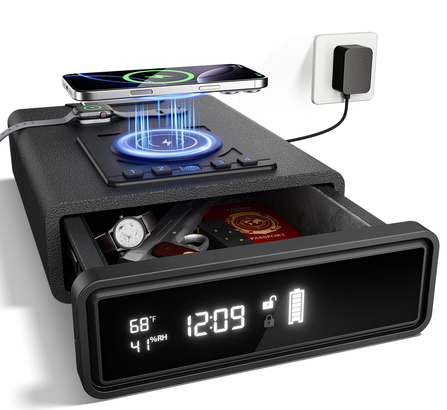 ORARAER Biometric Safe with Wireless Charging, 3 Access Methods to Unlock, Nightstand Drawer Safe LED Display with Humidity & Temp, Money Box for Cash and Valuables,Birthday Gifts for Men