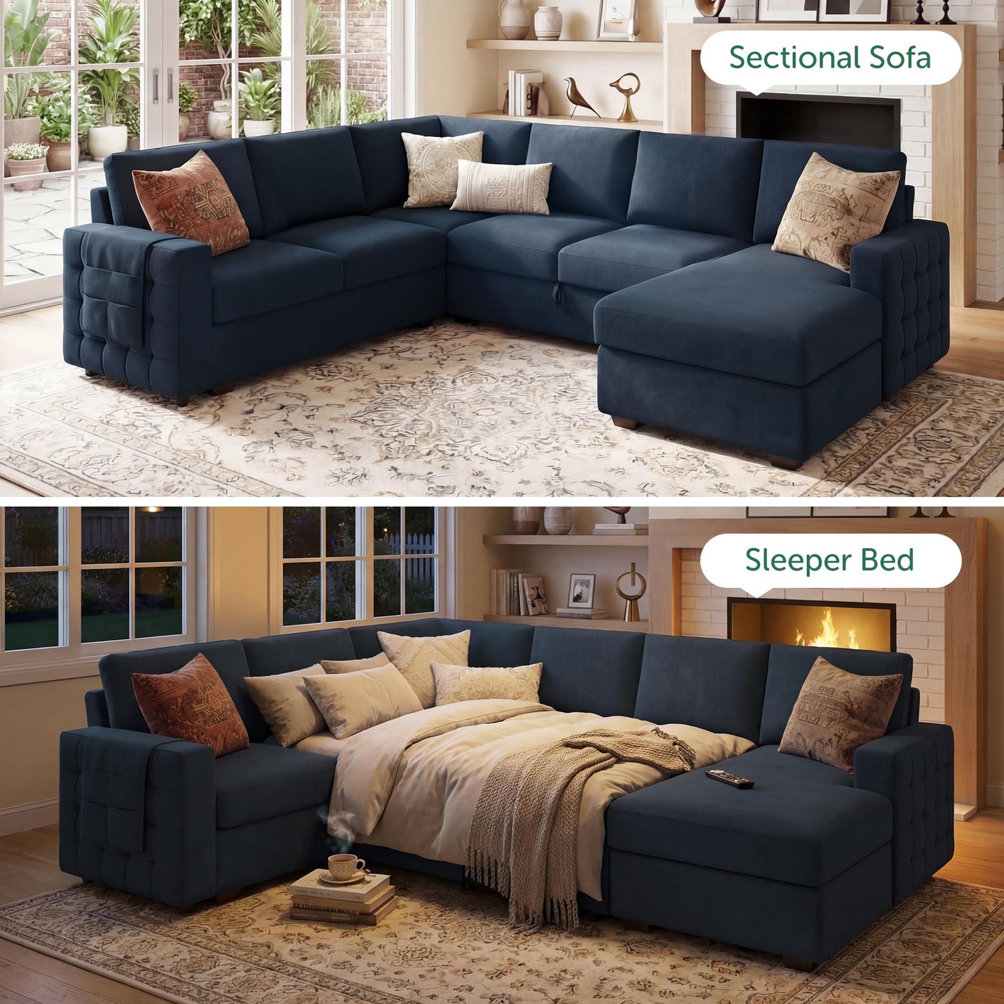 HONBAY Sleeper Sectional Couch with Pull-Out Bed Sectional Sleeper Sofa Pull Out Bed with Storage Chaise, 6 Seaters Couch for Living Room, Velvet Blue