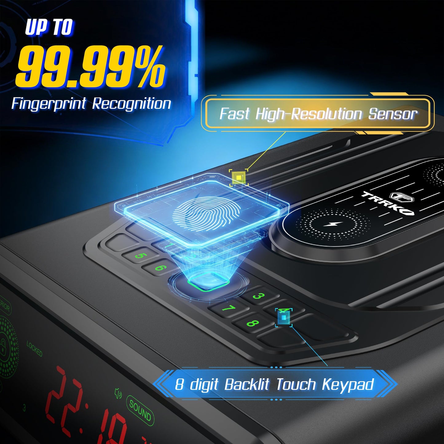 TRRKO Biometric Gun Safe for Handgun | 0.3S Auto-Open Quick Access Pistol Safe with Fingerprint & Wireless Charger, Smart LED Display, Handgun Safe for Nightstand/Bedside/Home, Gift for Gun Owners