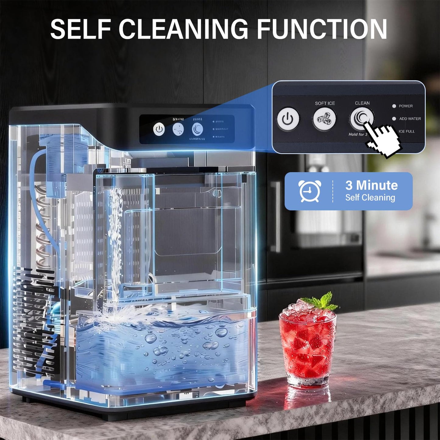 FNOONXY Nugget Ice Maker Countertop,44 lbs/24h Chewable Pellet Ice Machine with 4.5L Side Water Tank,6-8 Mins Fast Ice Making,One-Touch Self-Cleaning,Portable with Ice Scoop for Home,Office & Bar