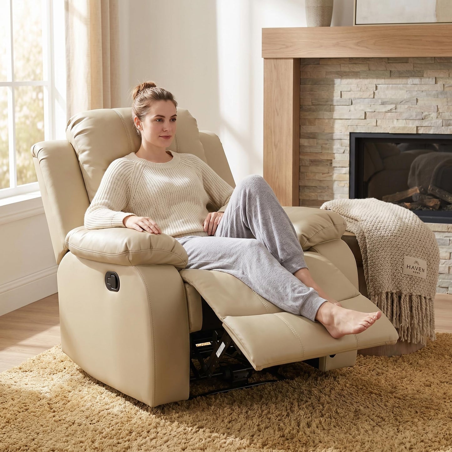 Trygoal Manual Recliner Chair, Nursery Rocking Chair, Leather Recliner Chair for Adults, Lazy Boy, Gaming Recliner wih Overstuffed Arms, Suitable for Home Theater, Living Room, Bedroom, Beige