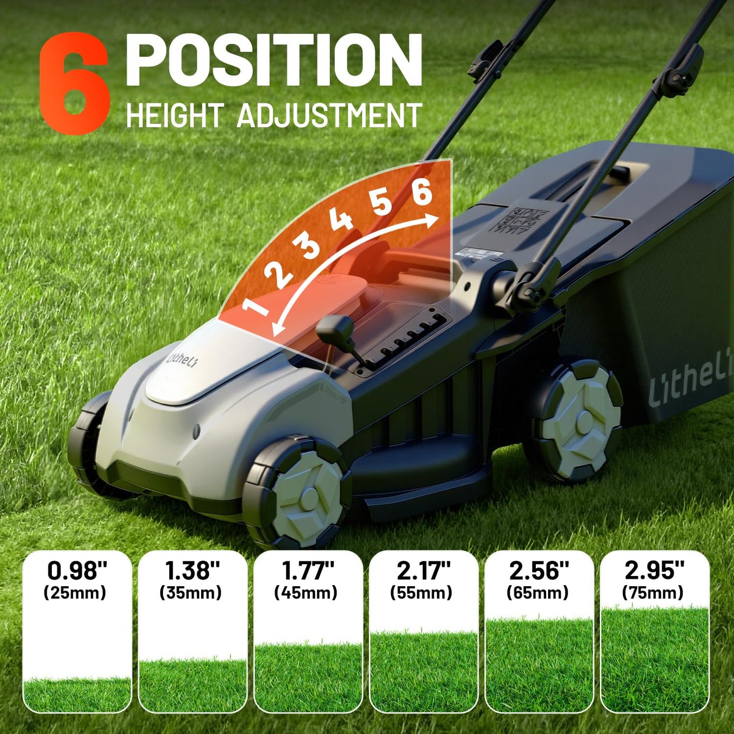 Litheli 40V Brushless Push Mower, 16″ Cordless Lawn Mower, 6 Adjustable Heights (1-3″), 50L Collection Bag & Mulching, 2×5.0Ah Batteries & Charger Included