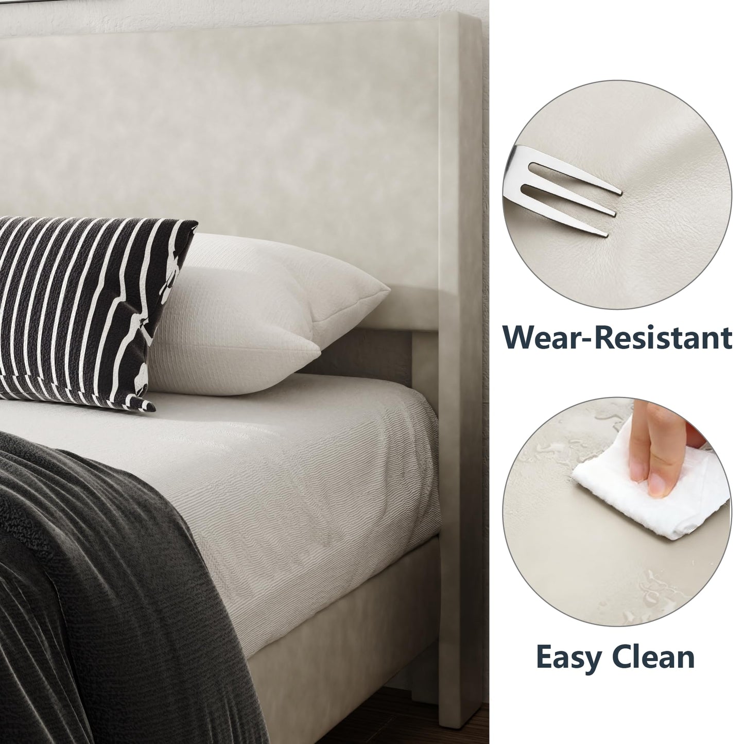 viplov Queen Bed Frame with Faux Leather Upholstered Headboard, Wear-Resistant, Easy Clean, Mattress Foundation, No Box Spring Required, Easy Assembly, Beige