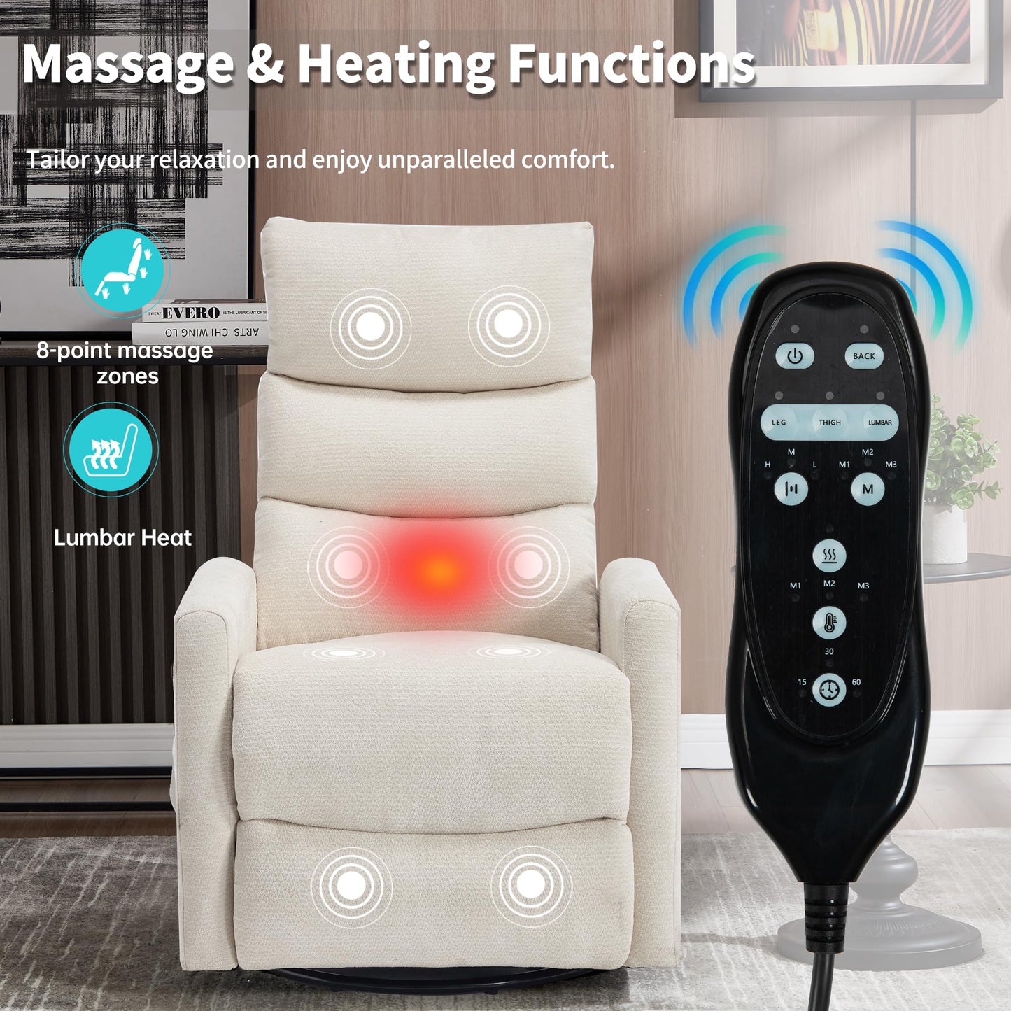 KEIKI Heat Massage Manual Recliner Chair, 360° Swivel Rocker with Lumbar Heat, Chenille Fabric Square Arms, Ergonomic Cushion Back Design, Gentle Rocking Motion for Adult Living Space, Beige