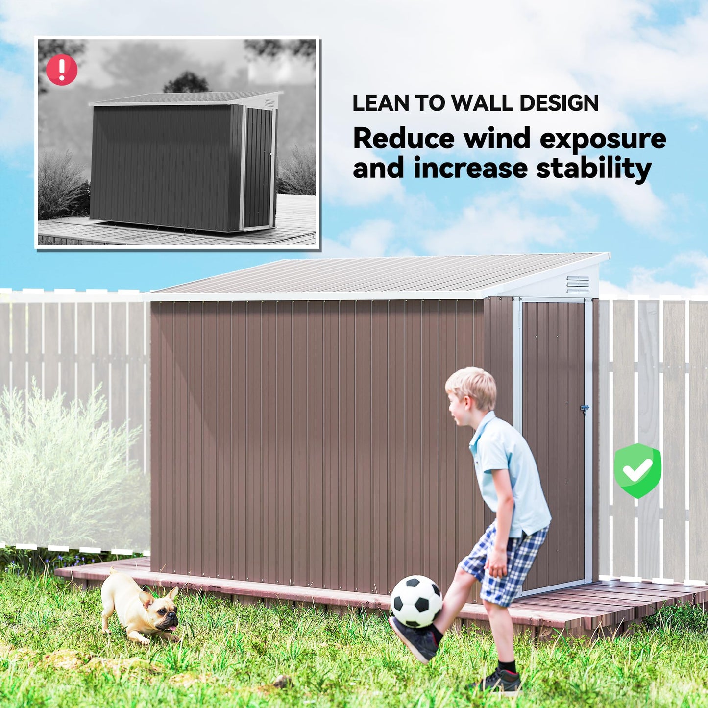 Outsunny 4' x 8' Metal Outdoor Storage Shed, Lean to Storage Shed, Garden Tool Storage House with Lockable Door and 2 Air Vents for Backyard, Patio, Lawn, Brown