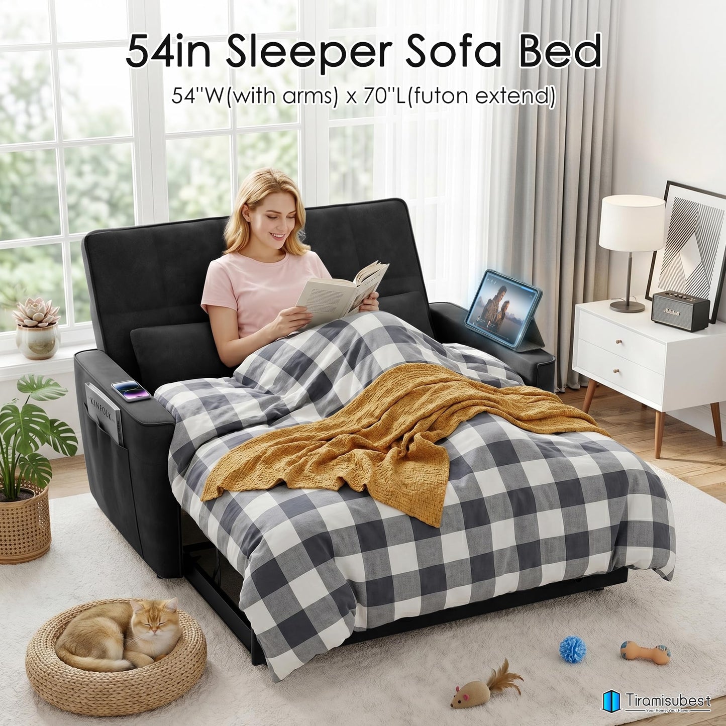 tiramisubest 54'' Sleeper Sofa Bed, Convertible Pull Out Couch Futon for for Living Room,Apartment (Black, Loveseat) Side Pockets, Velvet Fabric, Adjustable Backrest, Pull-Out Bed, Easy Assembly
