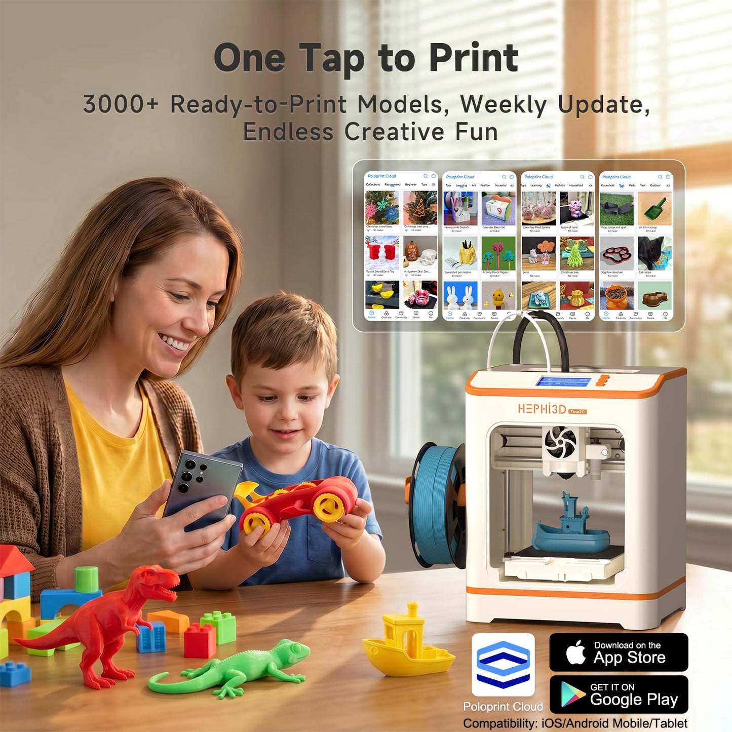 HEPHi3D TINA2C 3D Printer with WiFi Cloud Print, Fully Assembled Mini 3D Printer for Beginners and Kids, Auto Leveling, 3000+ Models APP Control 3D Printers Fully Open Source for Home, School, Office