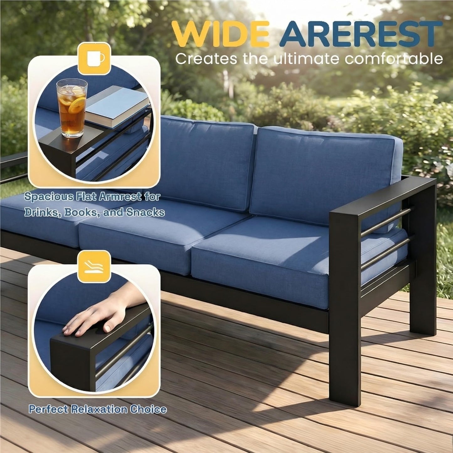 Solaste Aluminum Patio Furniture Set for All Weather, Modern Metal Outdoor Furniture Set with 27.5" Deep Seating and 3.2" Wide Armrest, Outdoor Patio Conversation Set with 10" Back Cushion, Blue