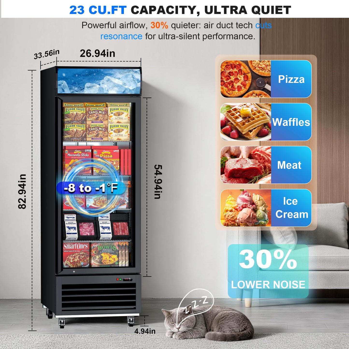 27" Single Door Commercial Display Freezer – 23 Cu.ft Capacity with Digital Temperature Control, Auto Defrost, Top Sign Panel, LED Lighting, Energy Efficient for Supermarket & Grocery Store