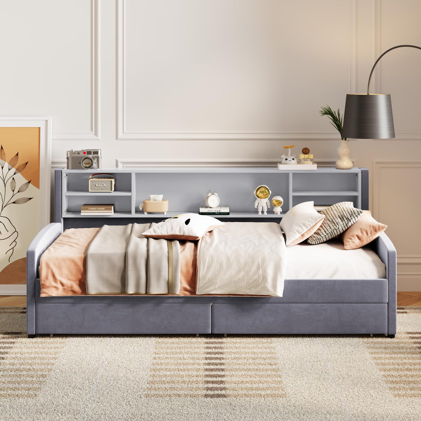 Merax Twin Size Upholstered Platform Bed with Storage and Drawers, Gray