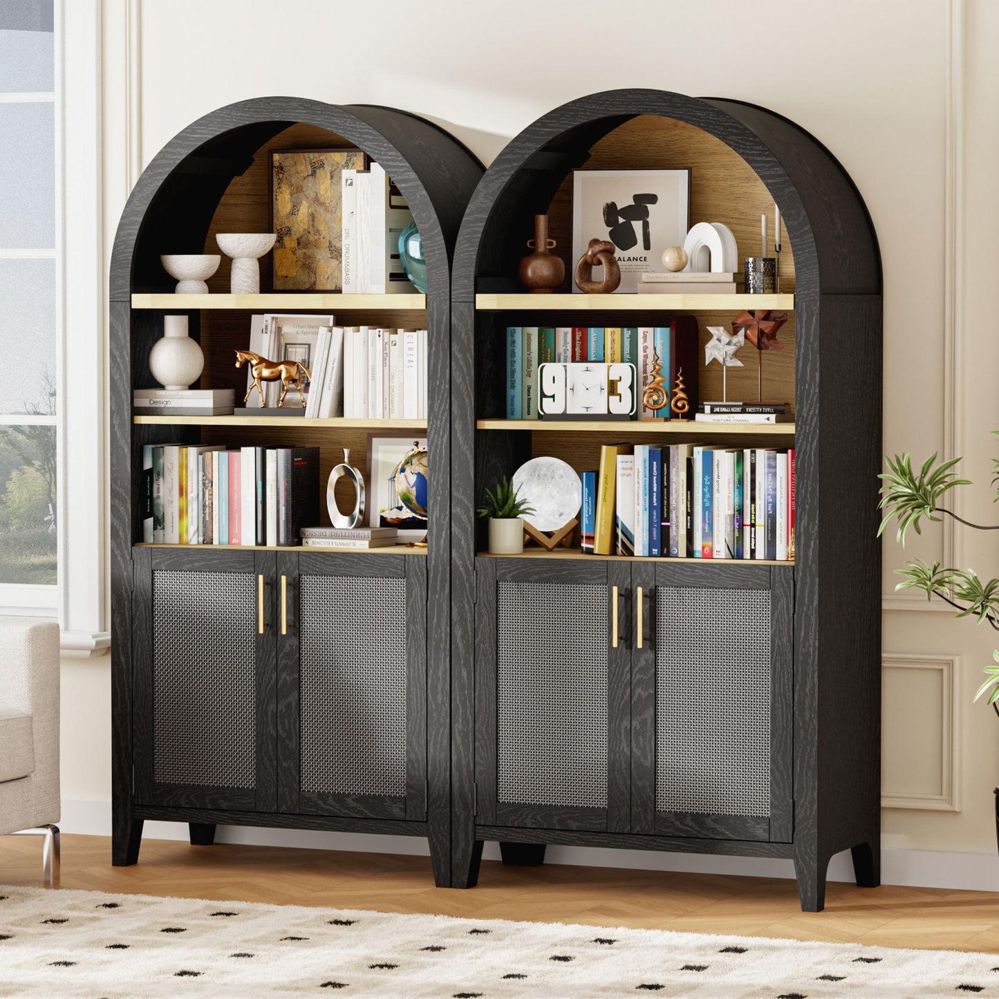 Trygoal 63" Black Arched Cabinet with Doors, 5-Tier Arched Bookshelf with Storage Wood Storage Cabinet with Adjustable Shelves for Kitchen, Living Room, Office, Black & Rattan