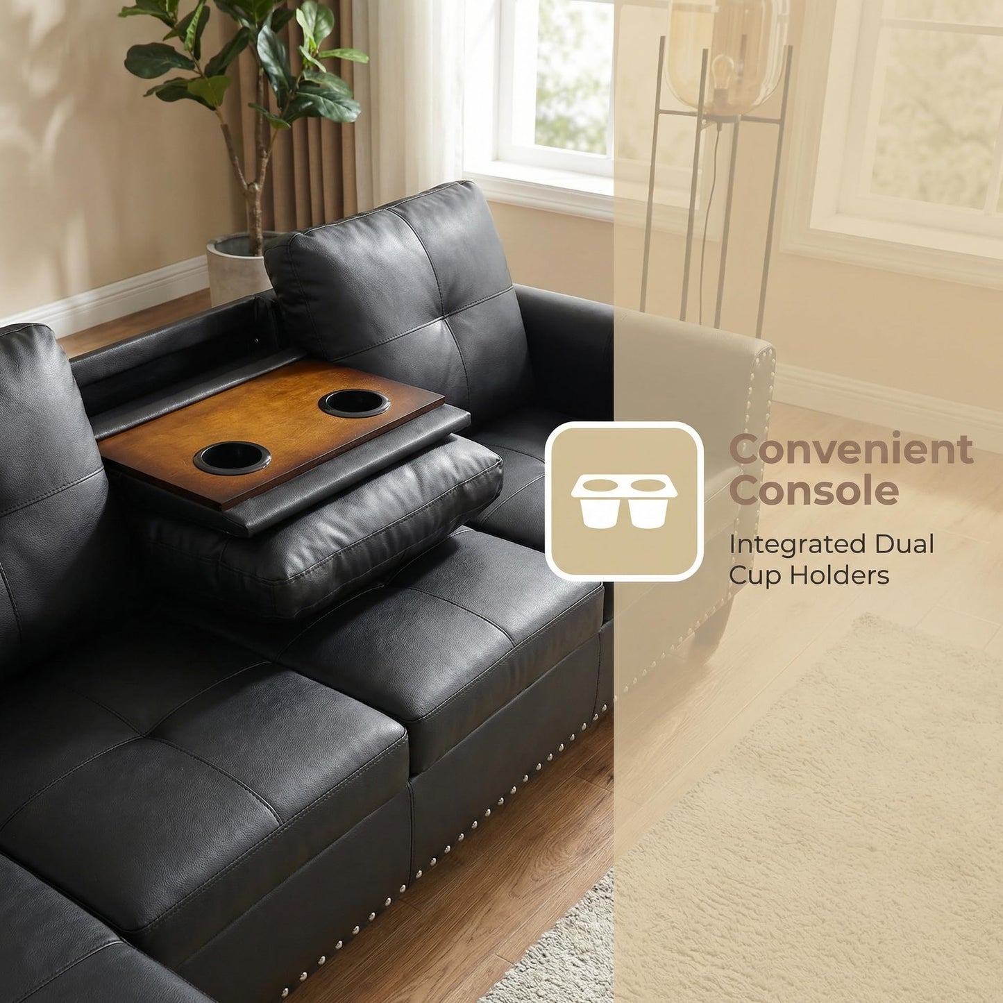 Trygoal Leather 3-Piece L-Shaped Couches for Living Room, Sectional Sofa with Storage Ottoman & Movable Chaise, Modular Convertible Couch for Bedroom & Apartment, Midnight Black
