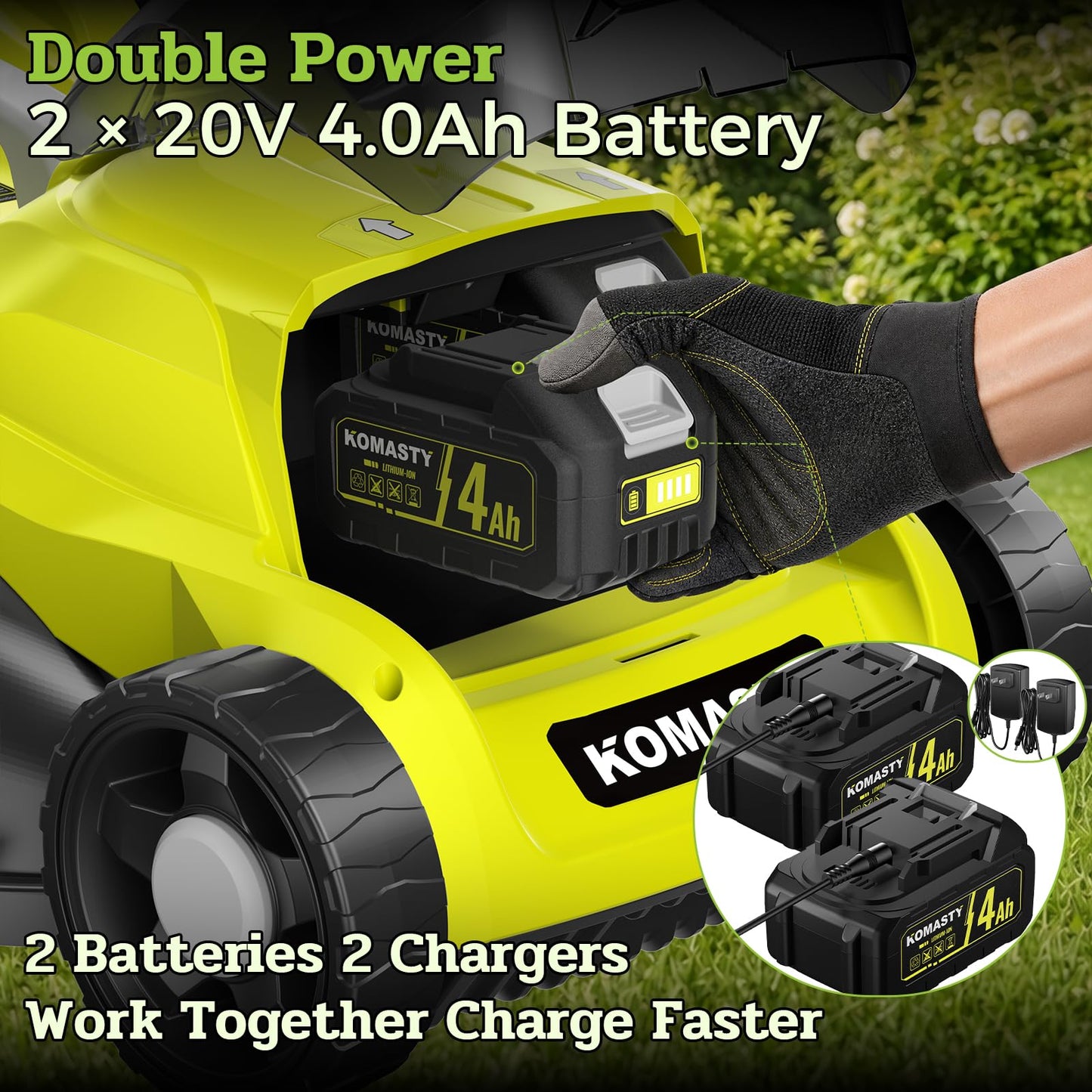 KOMASTY 40V Electric Lawn Mower 15" Cordless Battery Powered Mower, 2 in 1 Mulching Lawnmower with 5-Position Height Adjustment 10.6 Gallon Bag, Small Push Lawn Trimmer, 2X4.0Ah Battery and 2 Chargers