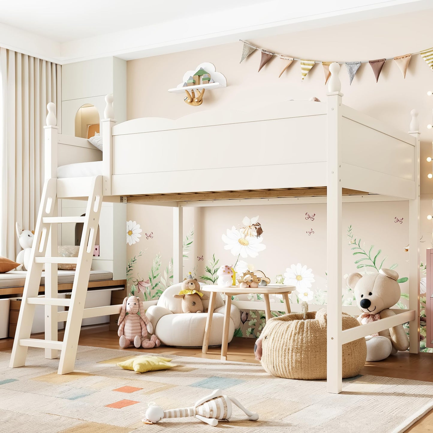 KEIKI Full Size Wood Loft Bed Frame with Built-in Ladder & Ample Under-Bed Space, Modern Loft Bed with Full-Length Guardrails & Solid Slats, No Box Spring Required, Easy Assembly, for Bedroom, Beige