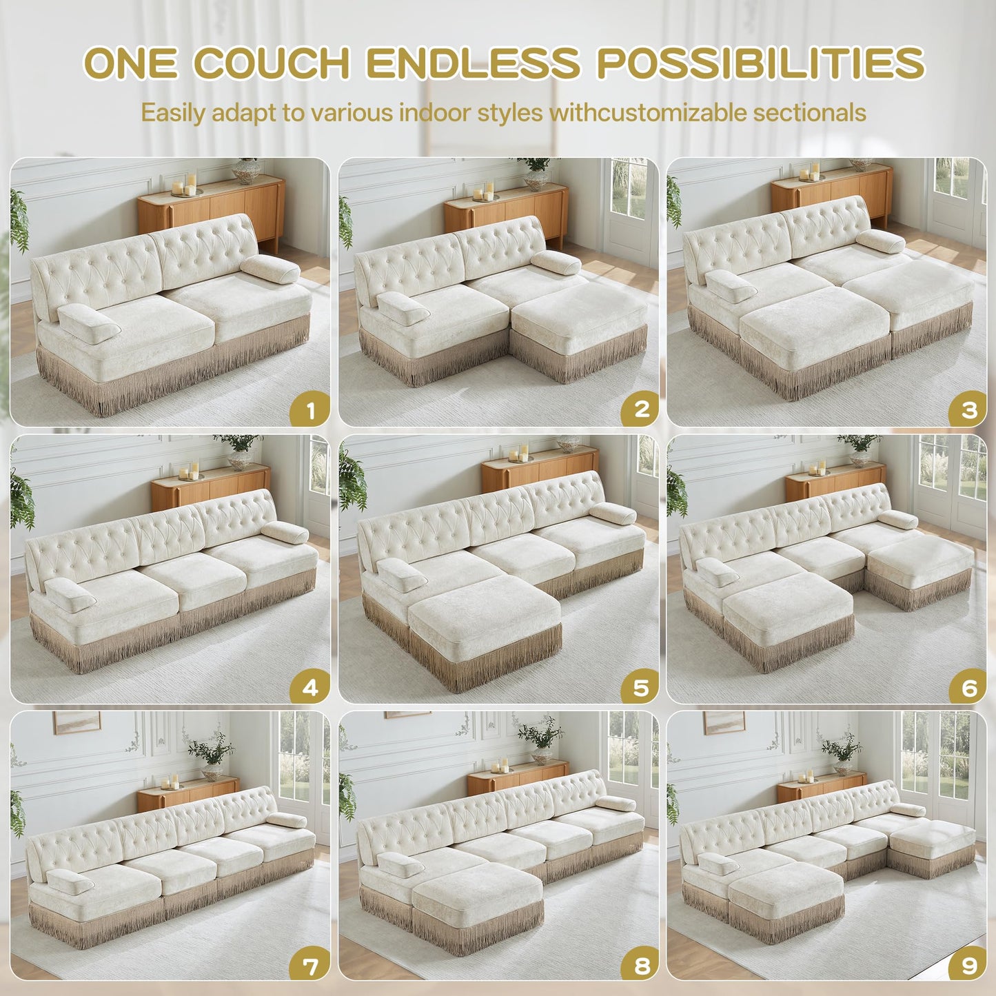 KEIKI 106" L-Shaped Velvet Chesterfield Style Modular Sectional Sofa, Oversized Button Tufted 3-Seater Couch with 1 Ottoman & Floor-grazing Tassel Fringe Skirt, Easy Assembly, for Living Room, Beige