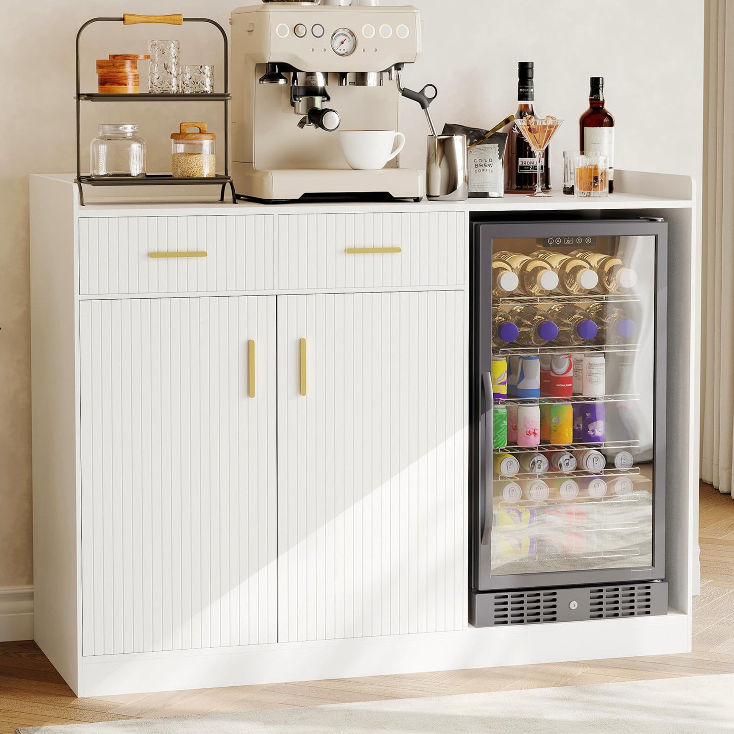 Garvee Coffee Bar Cabinet with Fridge Space, Fluted Wine Cabinet with Charging Station, Mini Fridge Cabinet with Drawers and Adjustable Shelf, Home Bar for Dining Room, Kitchen, Living Room, White
