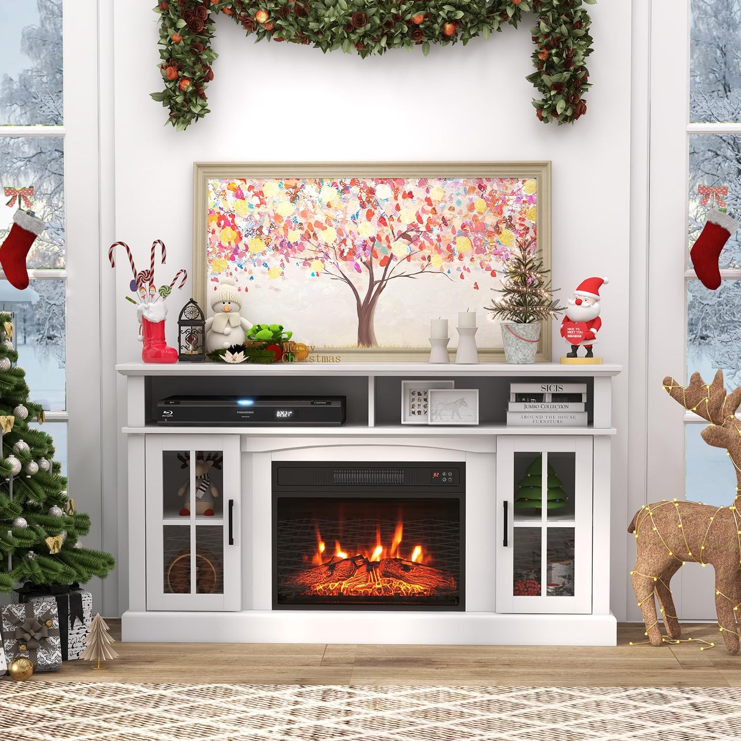CLEEMAN Electric Fireplace TV Stand for TVs up to 65”, Media TV Console w/ 23” Fireplace Insert Heater, Remote Control, 3-Level Flame, Overheat Protection, Entertainment Center for Living Room (White)