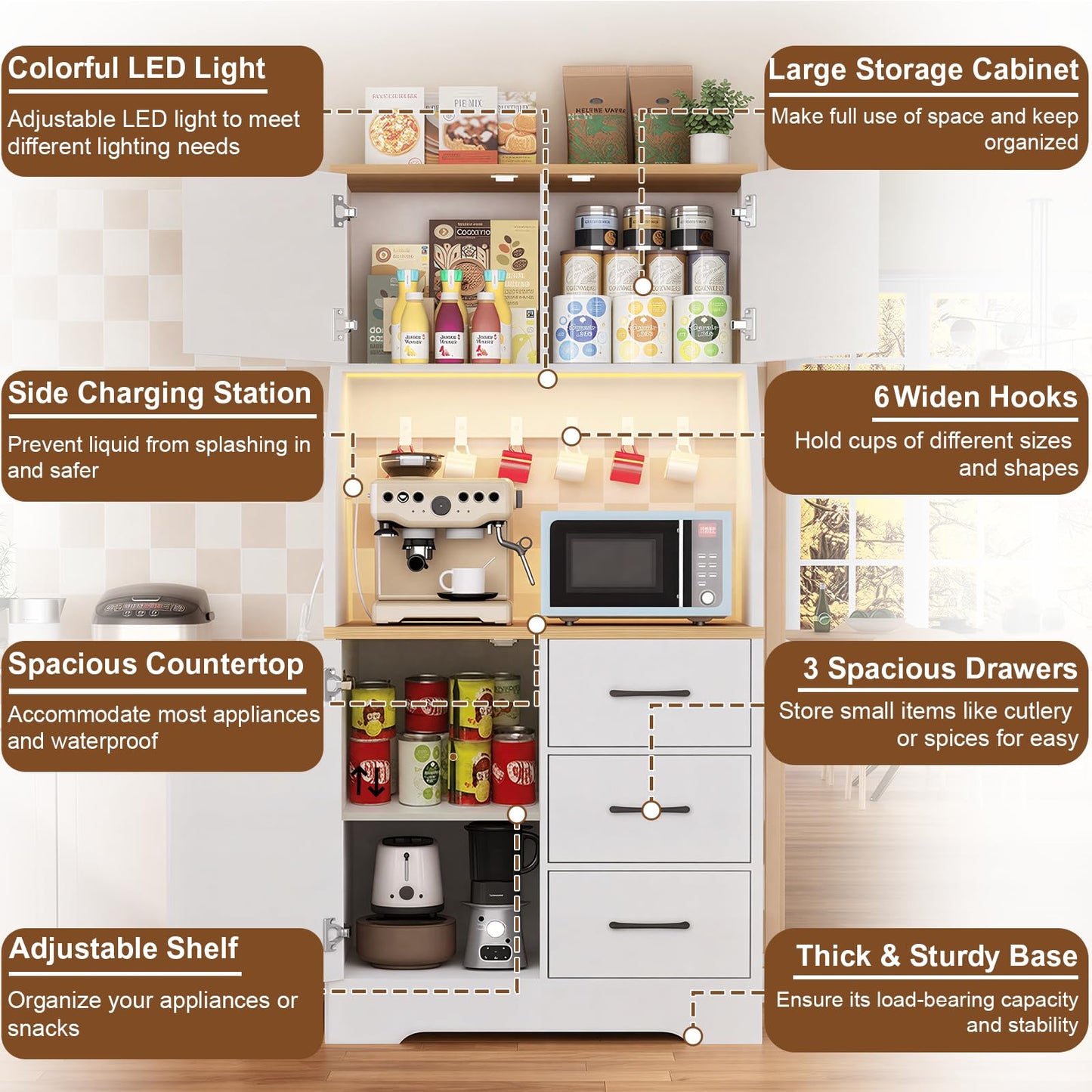 DreamDashio Pantry Cabinet with Adjustable Shelves and 3 Drawers, Tall Kitchen Pantry Storage Cabinet with LED Light & Charging Station, Kitchen Hutch with Microwave Shelf & 6 Hooks for Dining Room