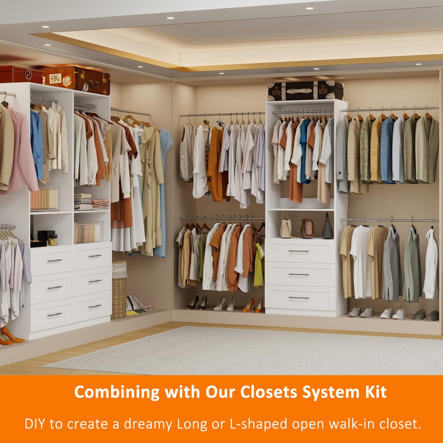 Secilix 5–9FT Closet System with 3 Wood Drawers, Closet Organizer System with 5 Expandable Hanging Rods, Walk-in Closet System with Shelves, Wall Mounted Built-in Closet Organization System