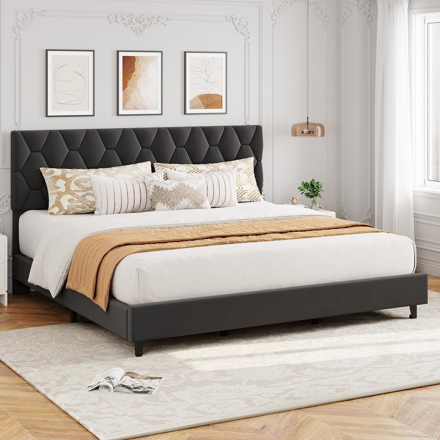 Garvee King Size Bed Frame, Platform Bed Frame with Upholstered Adjustable Headboard, Mattress Foundation with Strong Wooden Slats Support, No Box Spring Needed, Noise Free, Easy Assembly, Gray