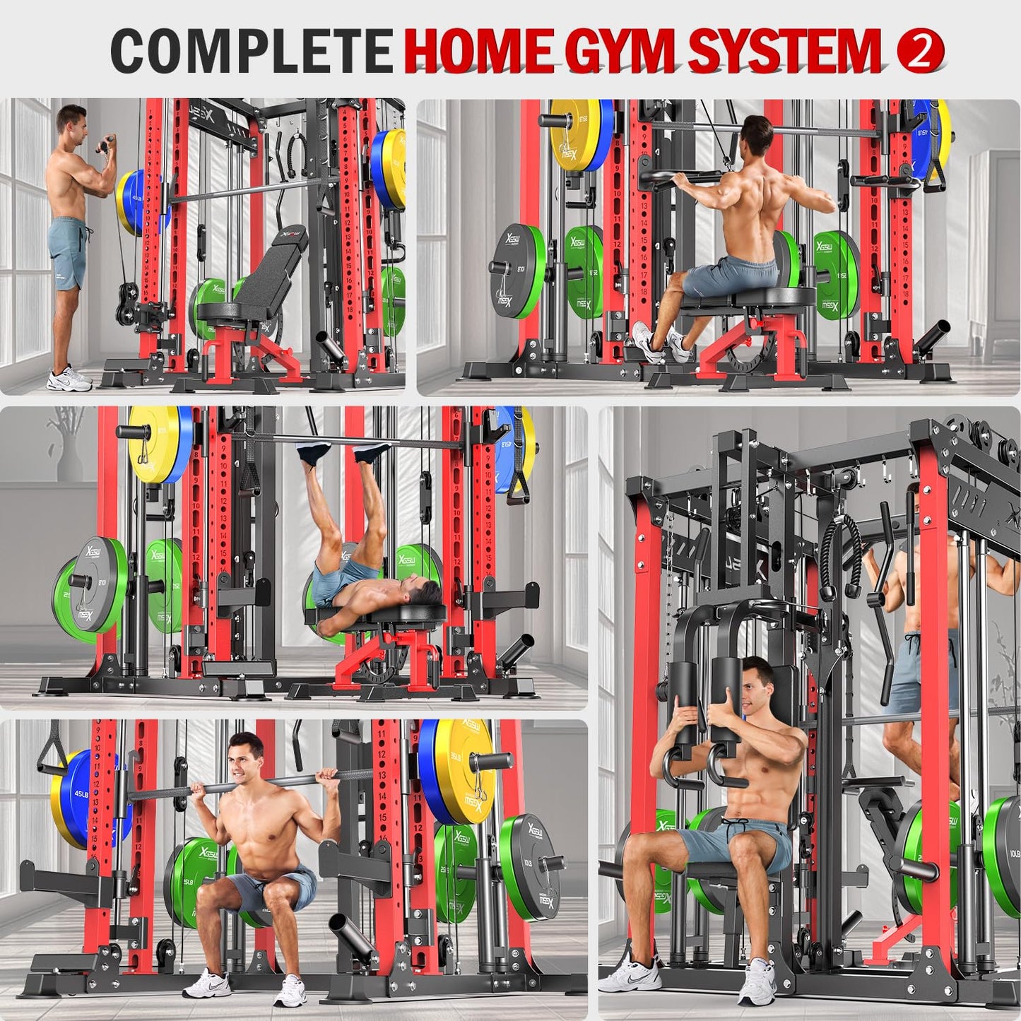 Smith Machine with Cable Crossover System, Multi-Function Power Cage Squat Rack for Home Gym, Power Rack and Packages Weight Sets. (Red, L06-Smith Machine+Weight Bench)
