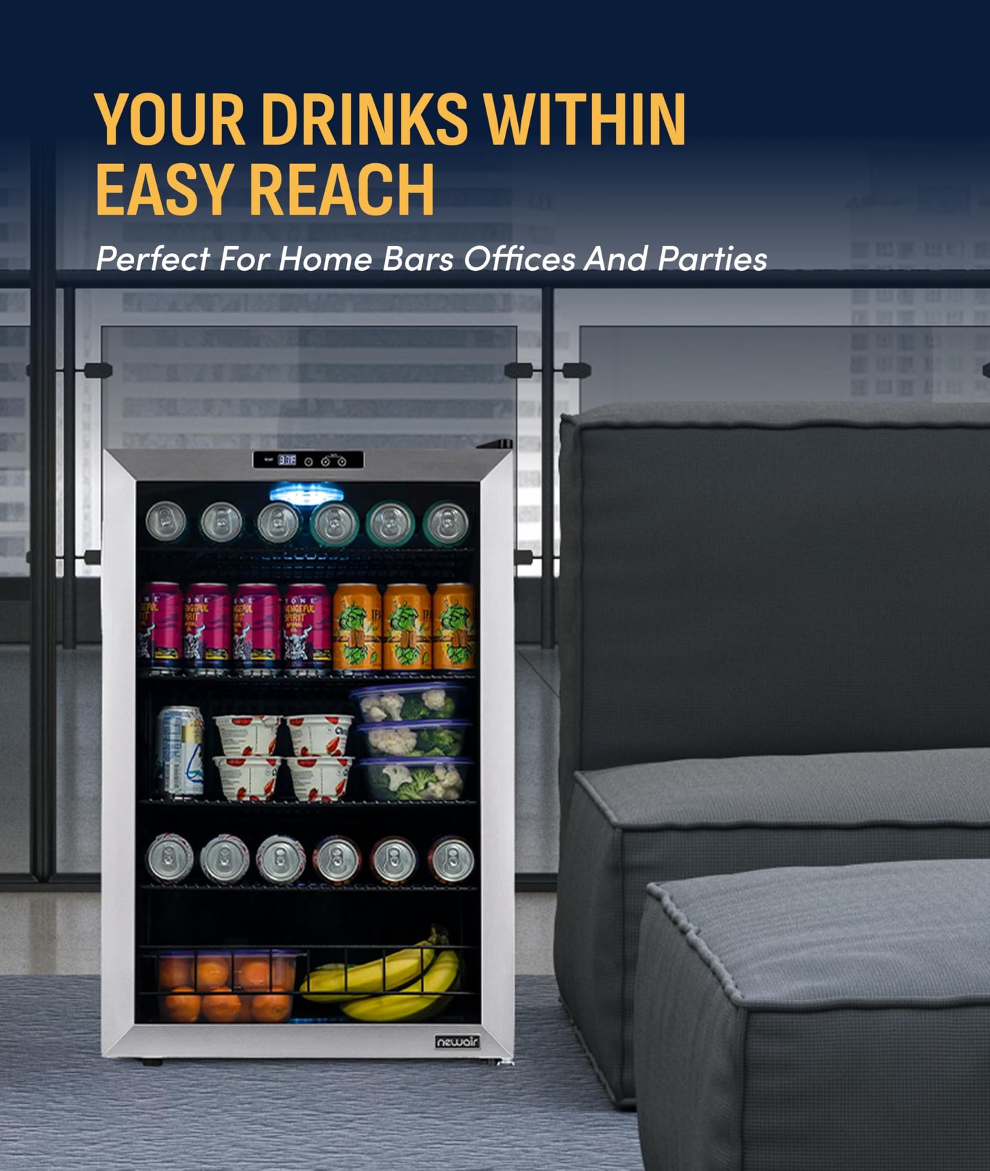 NewAir 160 Can Beverage Refrigerator | Freestanding Small Mini Fridge for Bedroom, Home Bar or Living Room | SplitShelf Storage, Digital Thermostat & LED Light | Stainless Steel