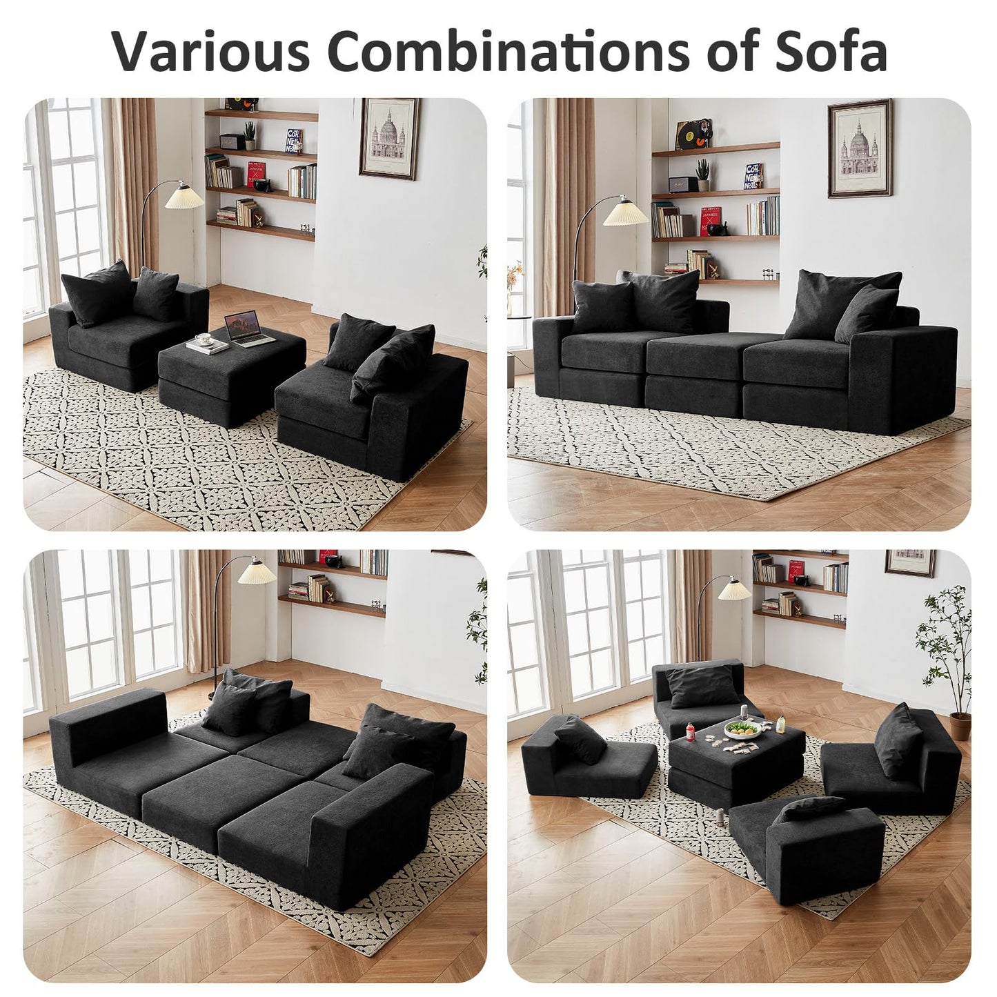 Modular Sectional Loveaeat Cloud Sofa, Boneless Couch with Non Slip Base, Cozy Sleeper Sofa for Customizable Living Spaces, Modern Modular Couch with L-Shape Chaise, Deep Seat & No Assembly, Black