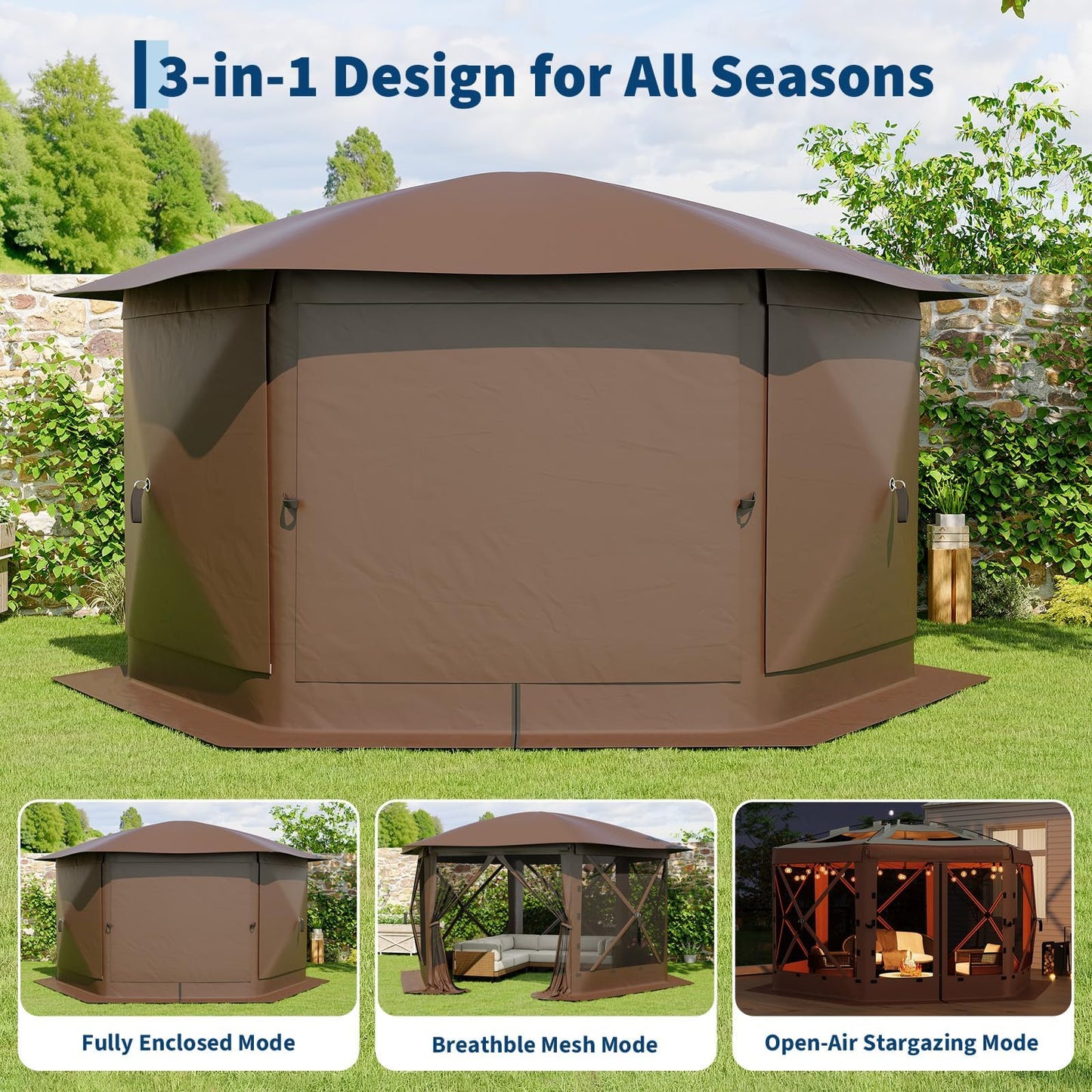 GarveeLife 11.5x11.5FT 6-Sided Pop Up Gazebo Tent，One-Push Setup Canopy Tent with Mesh Panels & Removable Wind Cloths, Outdoor shelter for Camping, Backyard Parties, Outdoor Events - Beige & Khaki