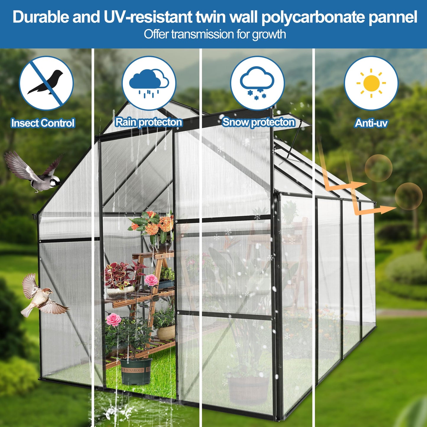 KEIKI 6x8 FT Polycarbonate Greenhouse with Aluminum Frame,Raised Base and Roof Vent,Walk-in Greenhouses for Patio Garden