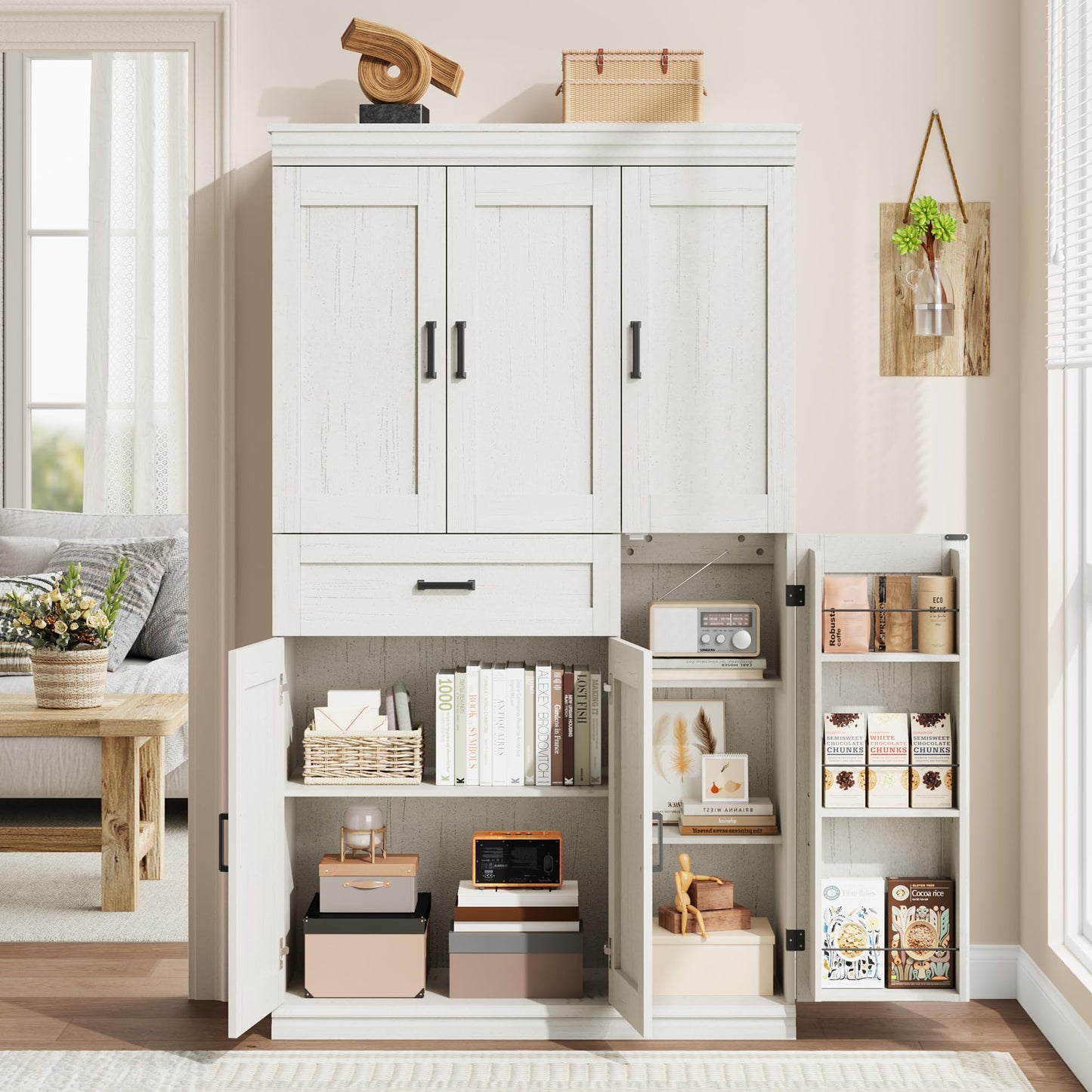 Garvee 70" Tall Kitchen Pantry Storage Cabinet, Modern Kitchen Hutch Cabinet with Doors and Shelves, Freestanding Food Pantry with Large Storage Drawer for Dining Room and Household Organization