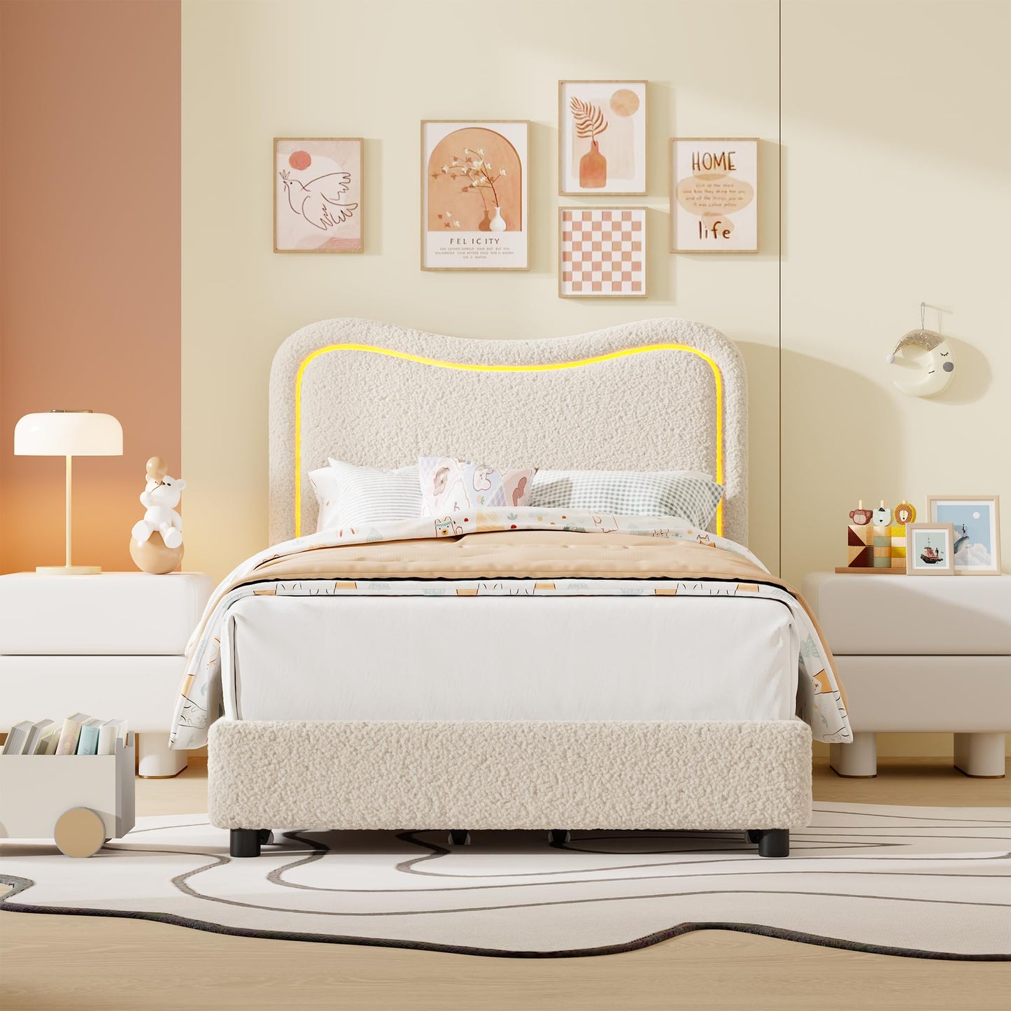 Garvee Boucle Twin Bed Frame with 2 Storage Drawers, Upholstered Platform Bed with LED Headboard, Wood Slats Support, No Box Spring Needed for Kids, Teens-Beige