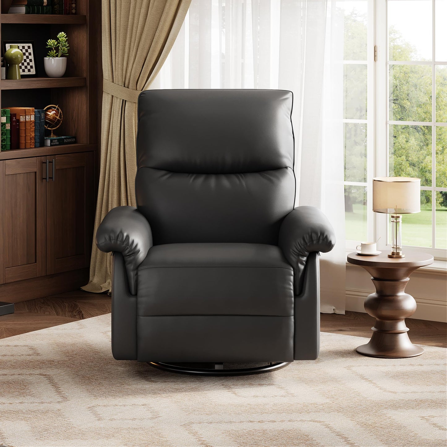 Manual Recliner Chair for Adults, PU Leather Swivel Rocker Recliner with Padded Armrests, Modern Upholstered Reclining Chair for Living Room or Nursery (Black)