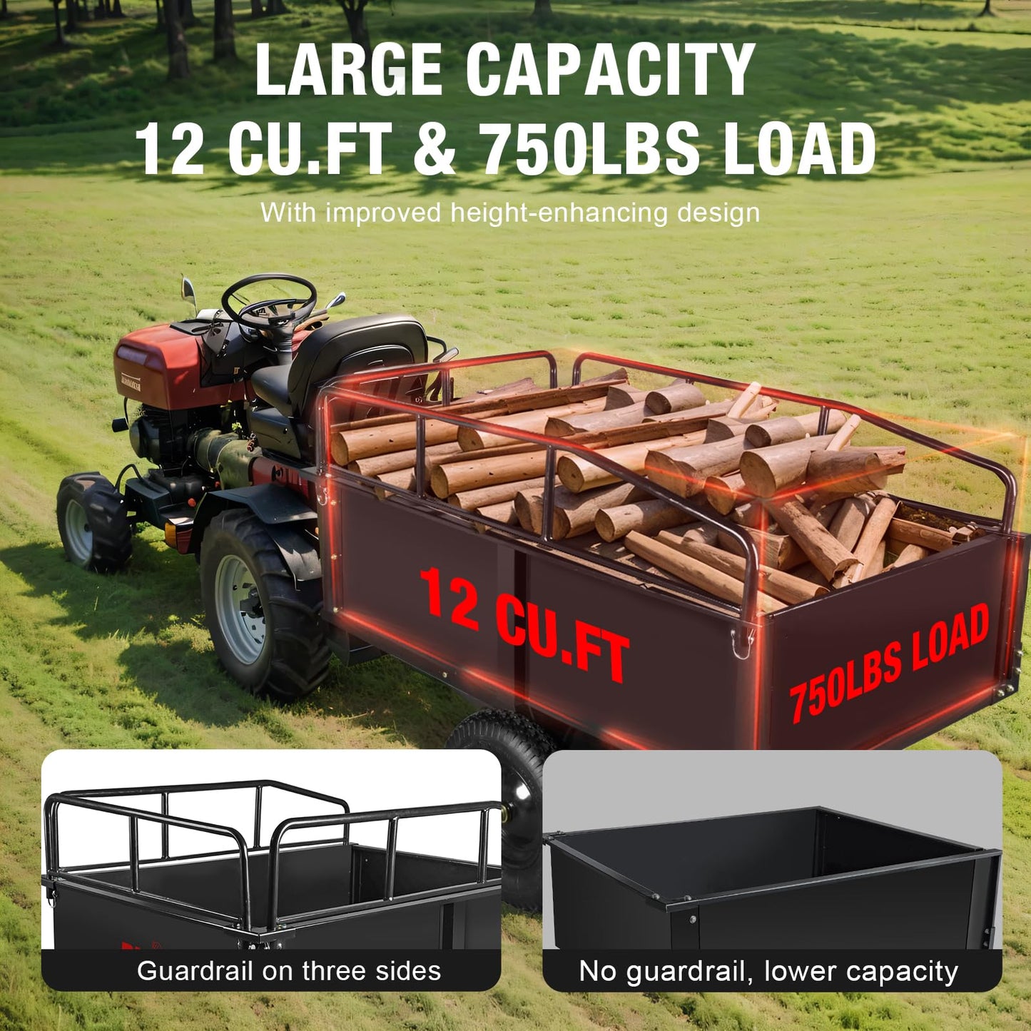 Big RED ATV/Utility Dump Trailer Tow Behind, 750lb Capacity 12 cu.ft Steel Hauler with Removable Sides & 16" Tires for Lawn Mower, Tractor
