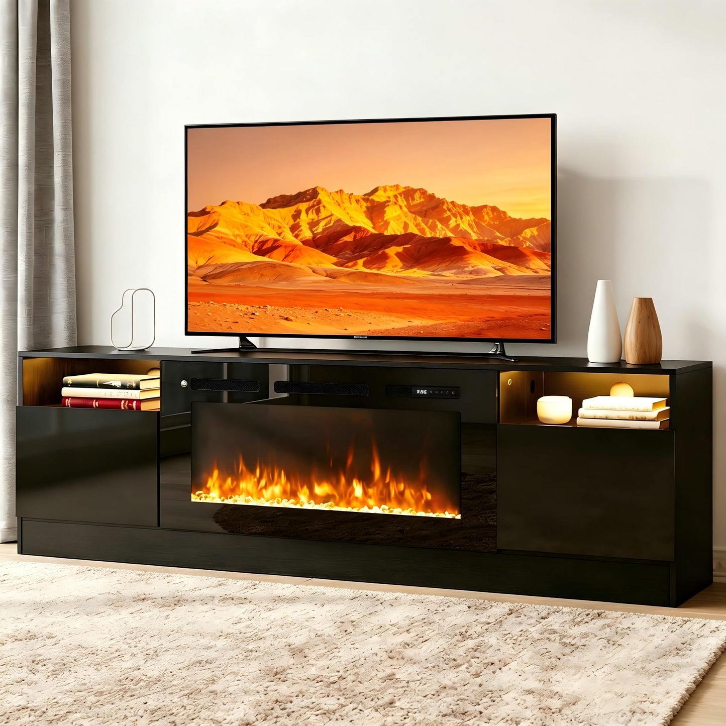 MXV 80" Fireplace TV Stand for TVs Up to 90", LED Light Entertainment Center with 36" Electric Fireplace, Modern Wood Texture TV Media Console with Highlight Storage Cabinet, Black+Black